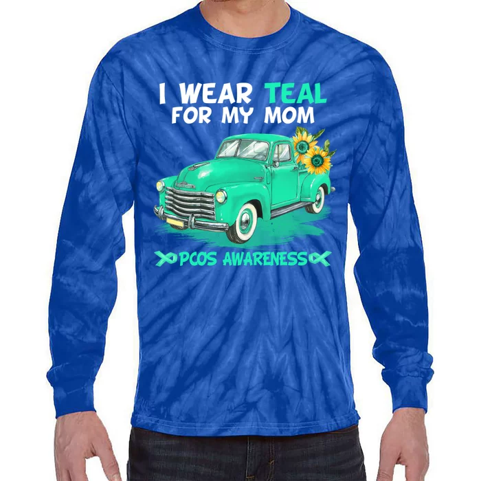 I Wear Teal For My Mom Truck Flower Pcos Awareness Gift Tie-Dye Long Sleeve Shirt