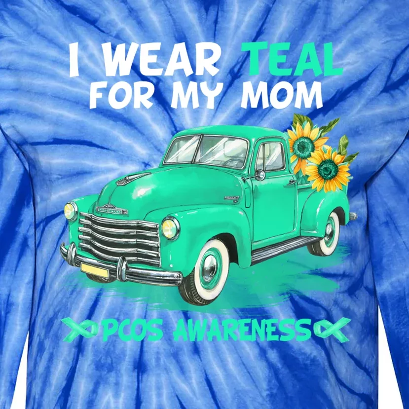 I Wear Teal For My Mom Truck Flower Pcos Awareness Gift Tie-Dye Long Sleeve Shirt