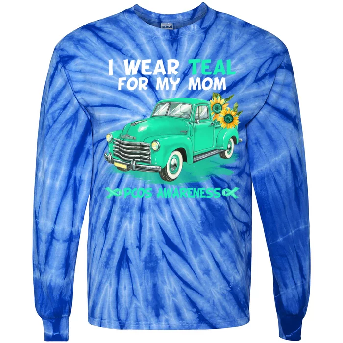 I Wear Teal For My Mom Truck Flower Pcos Awareness Gift Tie-Dye Long Sleeve Shirt