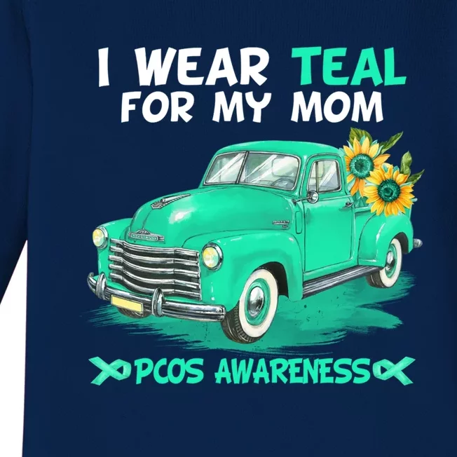 I Wear Teal For My Mom Truck Flower Pcos Awareness Gift Baby Long Sleeve Bodysuit