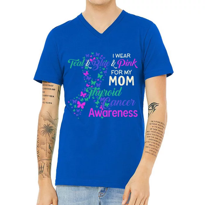 I Wear Teal Blue For My Mom Thyroid Cancer Gift V-Neck T-Shirt