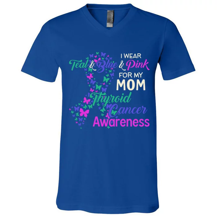 I Wear Teal Blue For My Mom Thyroid Cancer Gift V-Neck T-Shirt