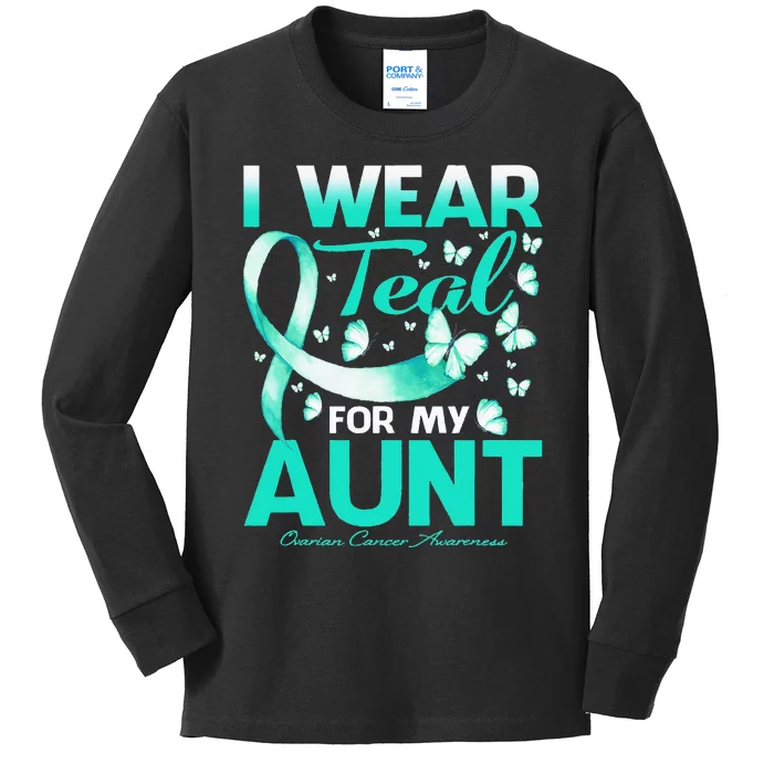 I Wear Teal For My Aunt Ovarian Cancer Awareness Kids Long Sleeve Shirt