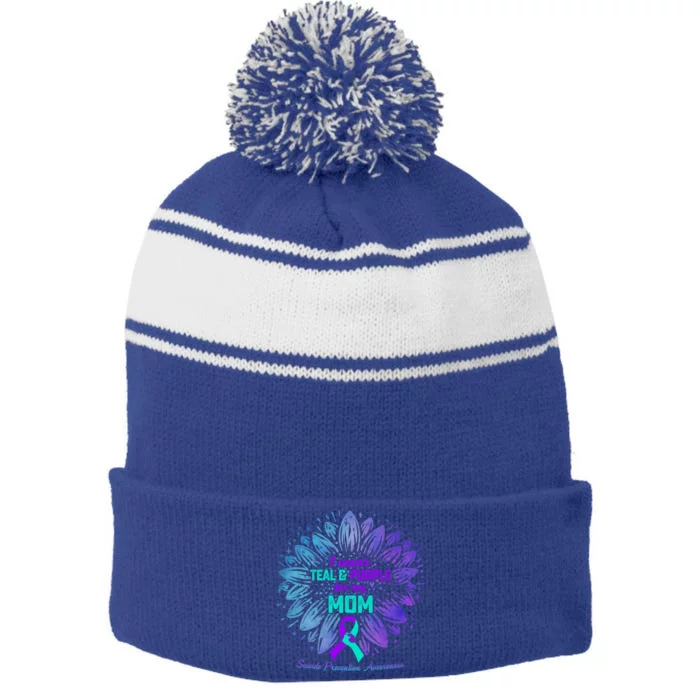 I Wear Teal And Purple For My Mom Suicide Prevention Awareness Gift Stripe Pom Pom Beanie