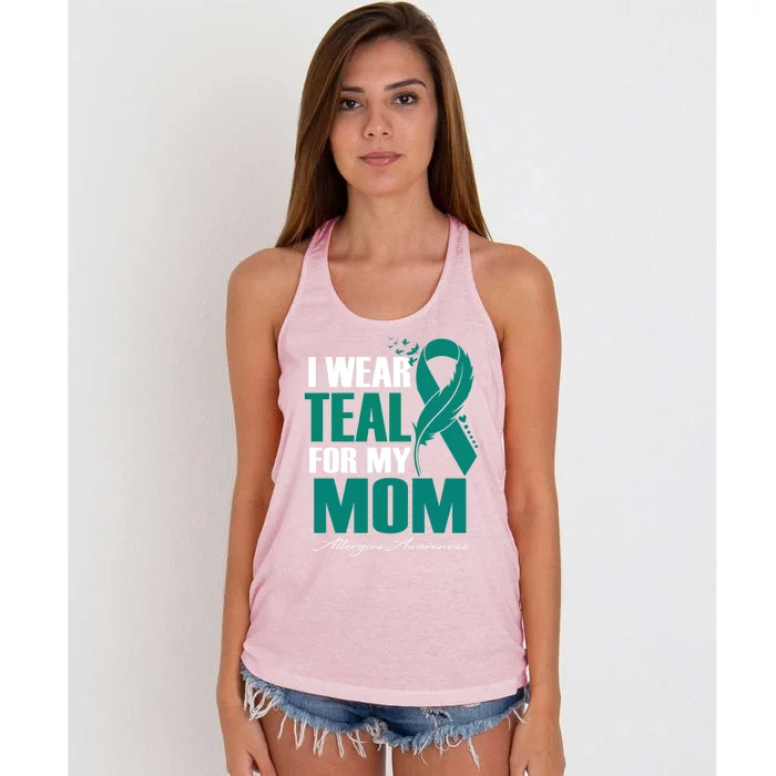 I Wear Teal For My Mom Allergies Awareness Feather Gift Women's Knotted Racerback Tank