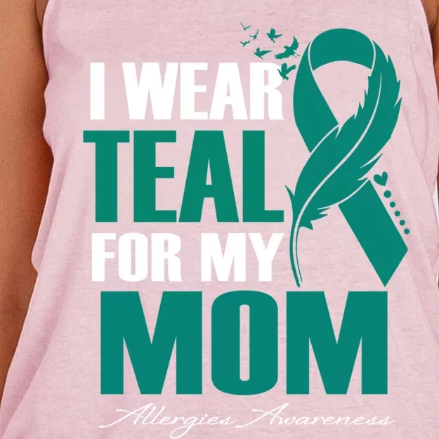 I Wear Teal For My Mom Allergies Awareness Feather Gift Women's Knotted Racerback Tank