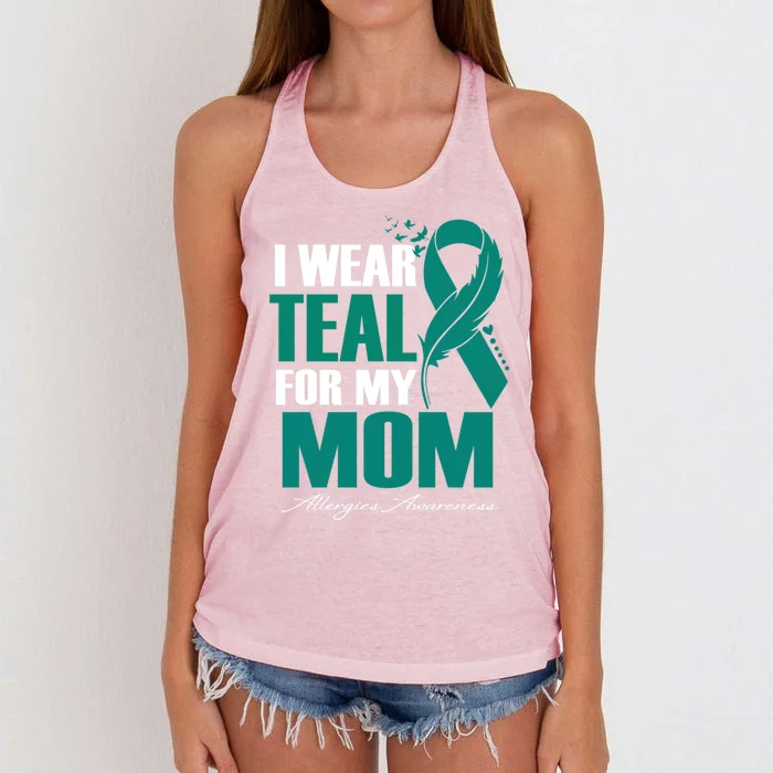 I Wear Teal For My Mom Allergies Awareness Feather Gift Women's Knotted Racerback Tank