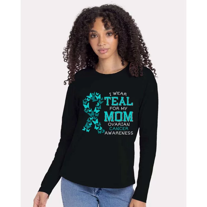 I Wear Teal For My Mom Ovarian Cancer Carcinoma Butterflies Womens Cotton Relaxed Long Sleeve T-Shirt