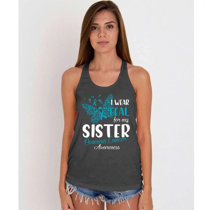 I Wear Teal For My Sister Ovarian Cancer Awareness Women's Knotted Racerback Tank