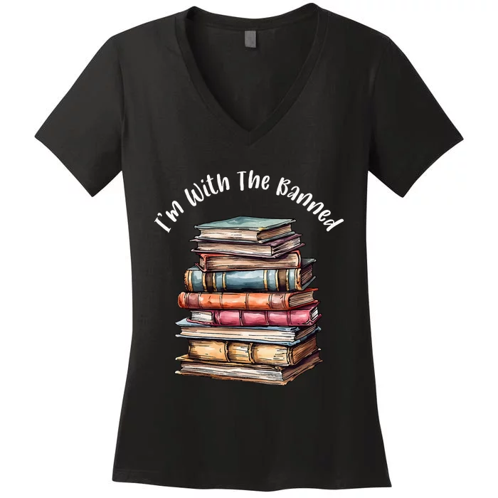 IM With The Banned Books Vintage Librarian Life Retro Women's V-Neck T-Shirt