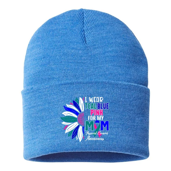 I Wear Teal Blue Pink For My Mom Thyroid Cancer Awareness Funny Gift Sustainable Knit Beanie