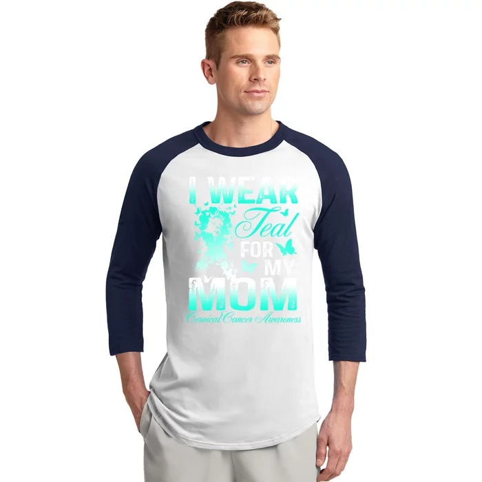 I Wear Teal For My Mom Butterfly Ovarian Cancer Support Gift Baseball Sleeve Shirt