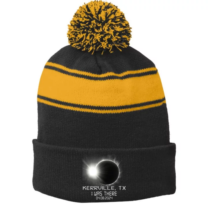 I Was There Total Solar Eclipse Kerrville Texas Stripe Pom Pom Beanie