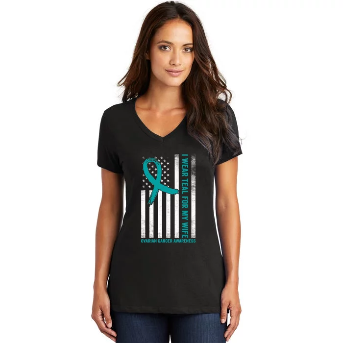 I Wear Teal For My Wife Ovarian Cancer Awareness Women's V-Neck T-Shirt