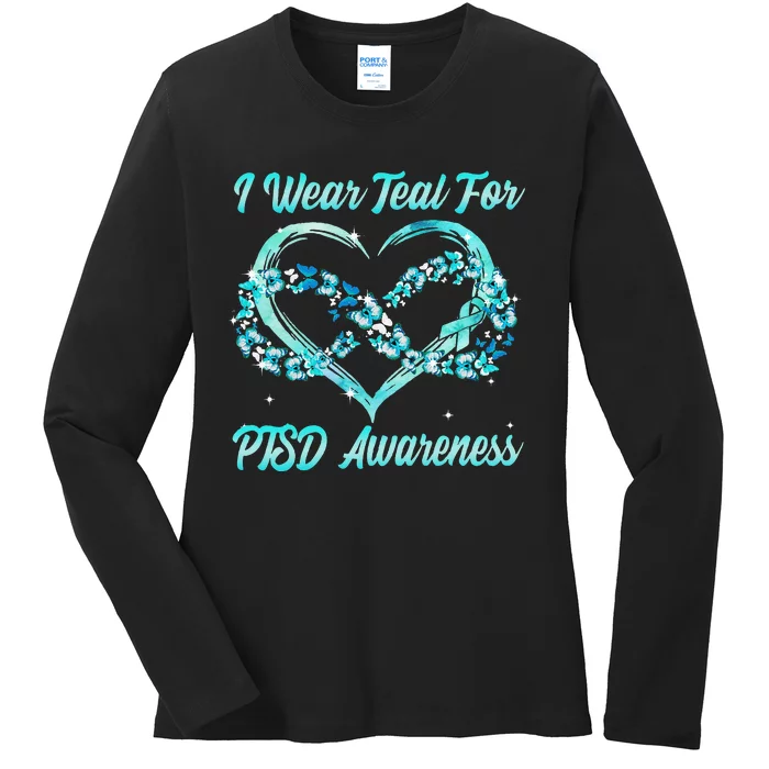 I Wear Teal For PTSD Awareness Heart Butterfly Ladies Long Sleeve Shirt