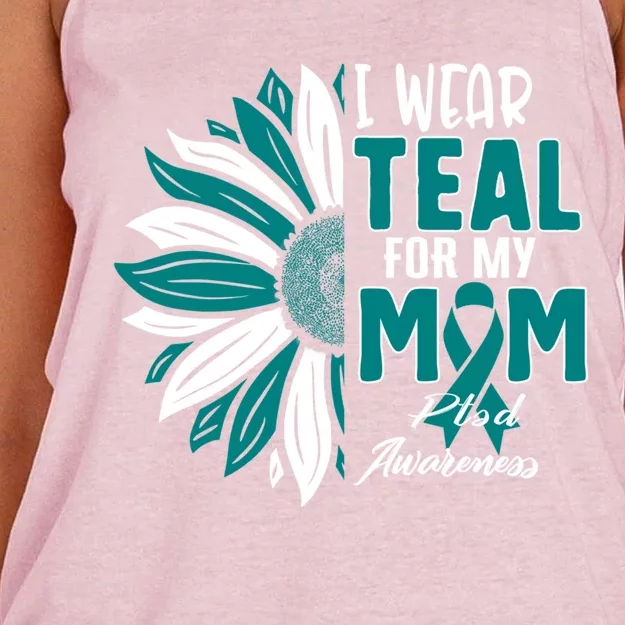 I Wear Teal For My Mom Ptsd Awareness Ribbon Sunflower Mothe Gift Women's Knotted Racerback Tank