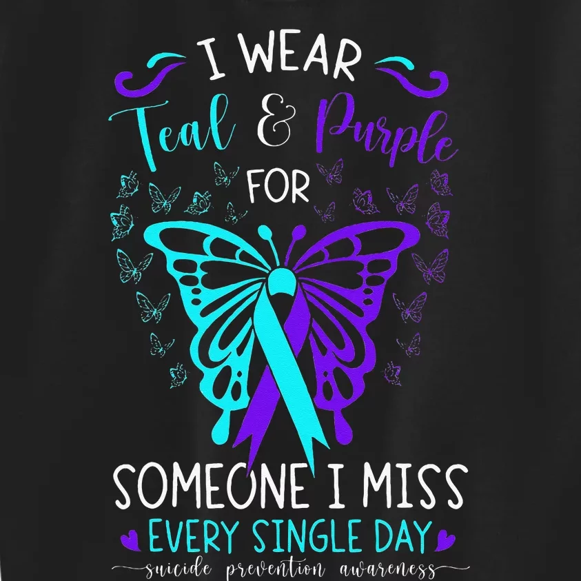 I Wear Teal And Purple Suicide Awareness Butterfly Support Kids Sweatshirt