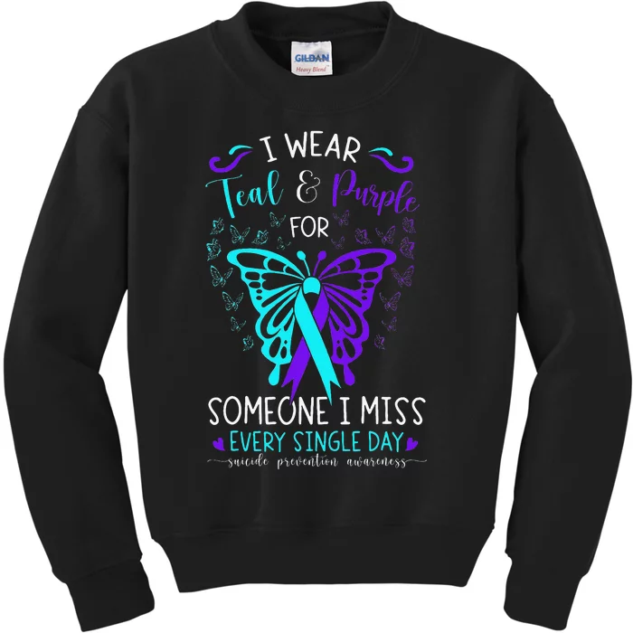 I Wear Teal And Purple Suicide Awareness Butterfly Support Kids Sweatshirt