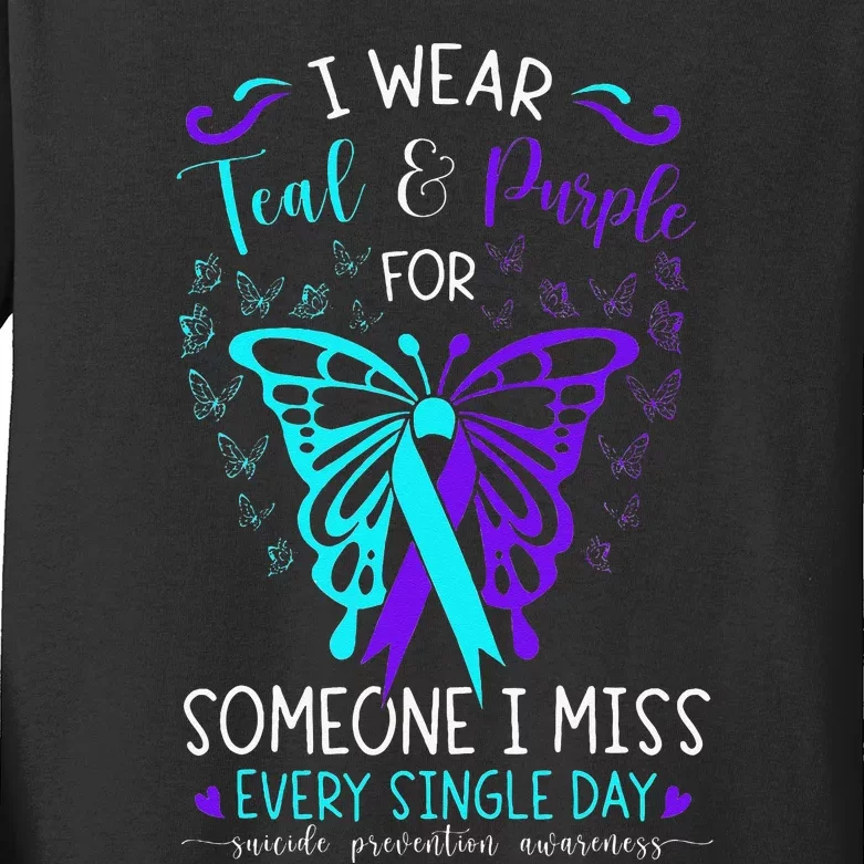 I Wear Teal And Purple Suicide Awareness Butterfly Support Kids Long Sleeve Shirt