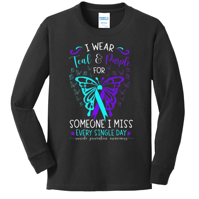 I Wear Teal And Purple Suicide Awareness Butterfly Support Kids Long Sleeve Shirt