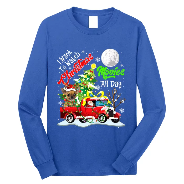 I Want To Watch Xmas Movies Cute Santa Chihuahua On Truck Gift Long Sleeve Shirt