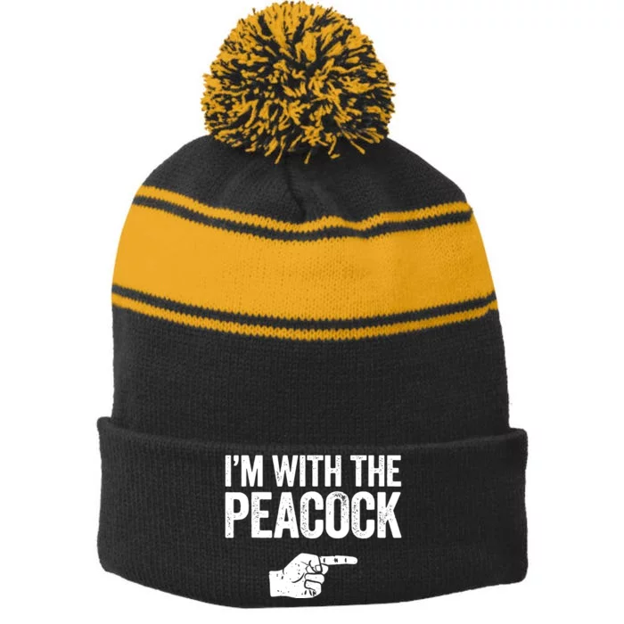 I'm With The Peacock Matching Peacock Shirts Stripe Pom Pom Beanie