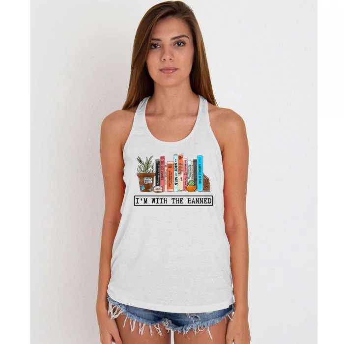 Im With The Banned Funny Book Readers I Read Banned Books Women's Knotted Racerback Tank