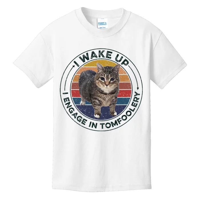 I Wake Up I Engage In Tomfoolery Silly Cat Meme Dark Joke Kids T-Shirt