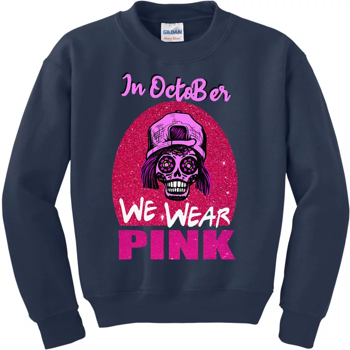 Inoctober We Wear Pin.K Halloween Skull Breast Cancer Outfit Kids Sweatshirt