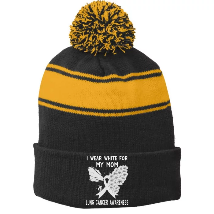 I Wear White Ribbon Lung Cancer Awareness Product Mom Stripe Pom Pom Beanie