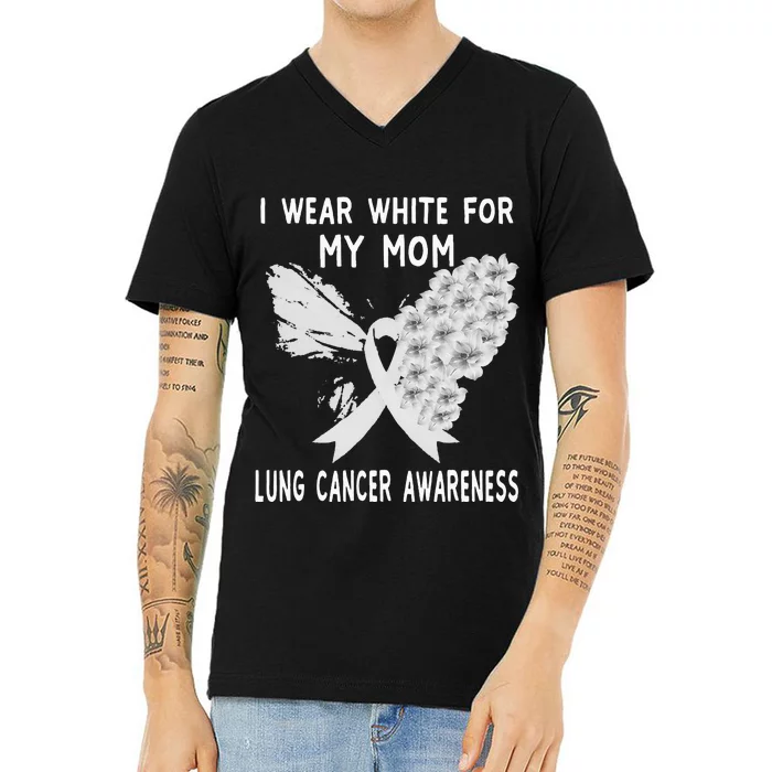 I Wear White Ribbon Lung Cancer Awareness Product Mom V-Neck T-Shirt