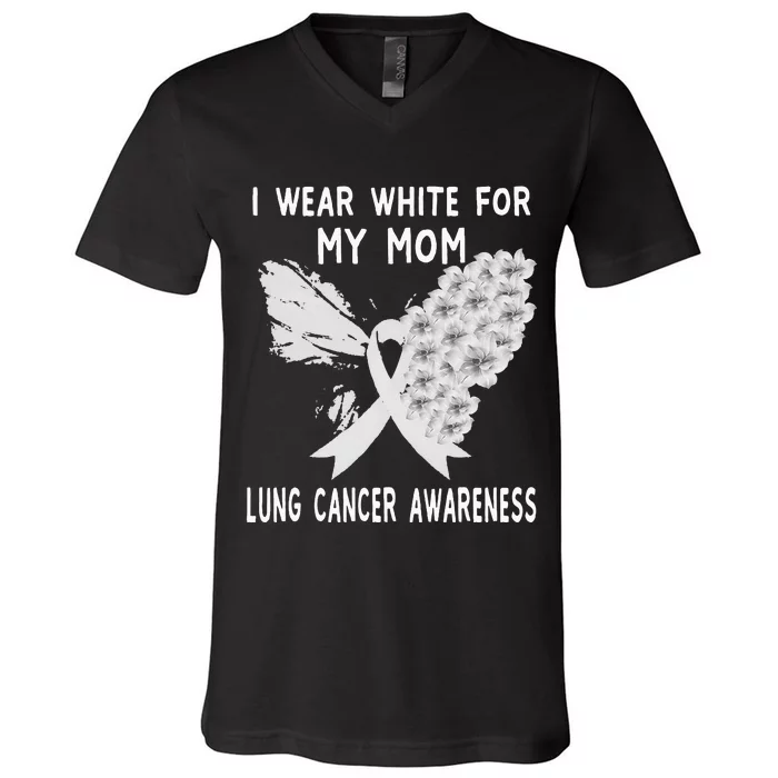 I Wear White Ribbon Lung Cancer Awareness Product Mom V-Neck T-Shirt