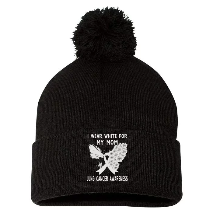 I Wear White Ribbon Lung Cancer Awareness Product Mom Pom Pom 12in Knit Beanie