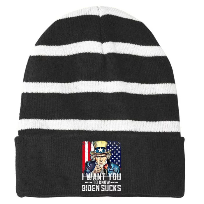 I want you to know Biden sucks I want you Striped Beanie with Solid Band