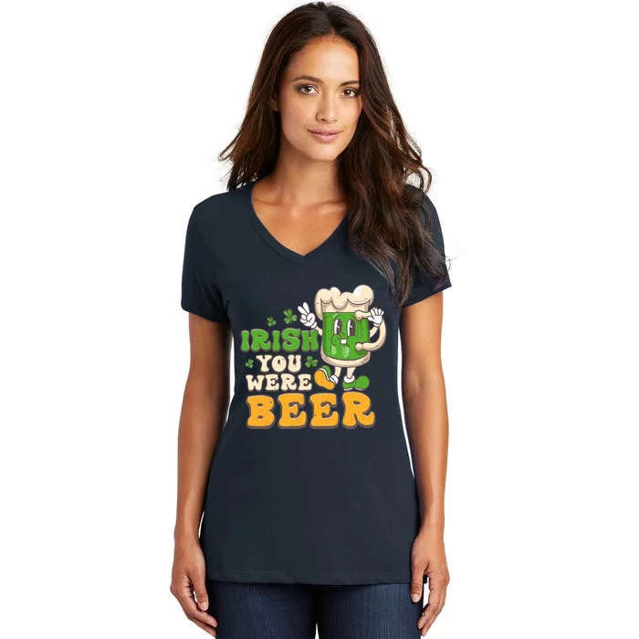 Irish You Were Beer Groovy Green Beer St Patrick's Day Women's V-Neck T-Shirt