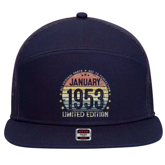 January 1953 70 Year Old 70th Birthday Gifts Vintage 1953 7 Panel Mesh Trucker Snapback Hat