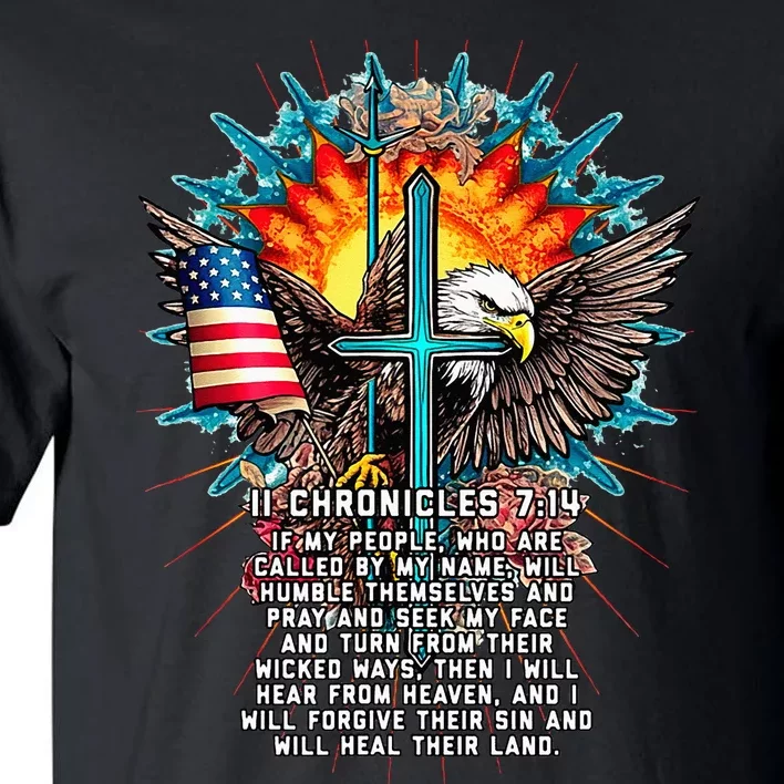 Jesus 2 Chronicles 714 Cross USA Flag American Bible Verse Tall T-Shirt