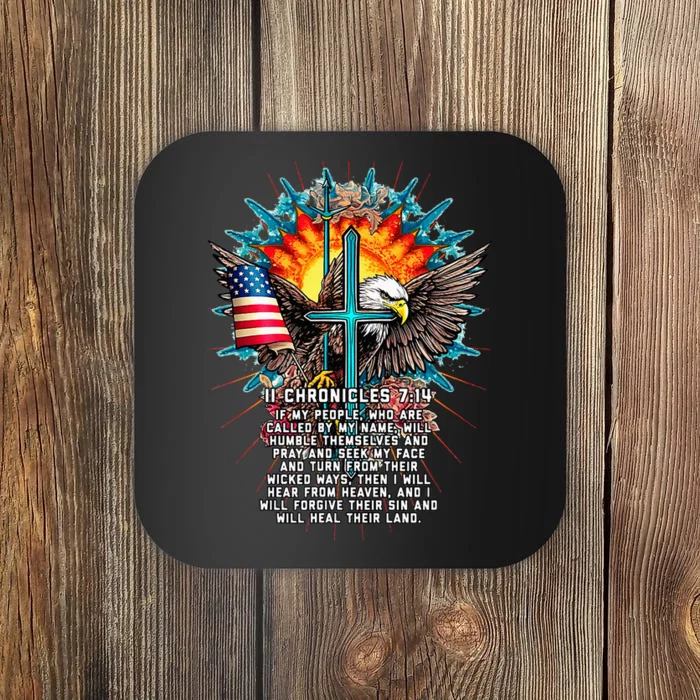 Jesus 2 Chronicles 714 Cross USA Flag American Bible Verse Coaster