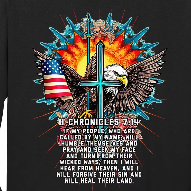 Jesus 2 Chronicles 714 Cross USA Flag American Bible Verse Tall Long Sleeve T-Shirt