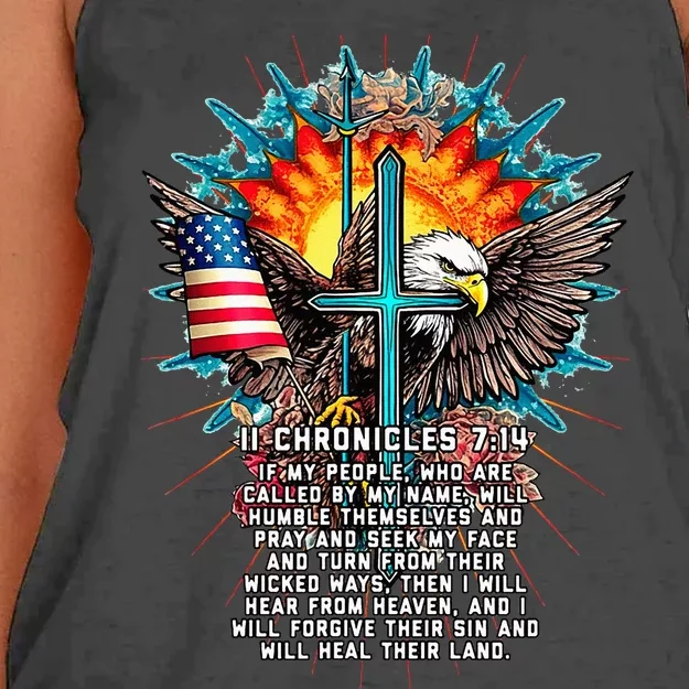 Jesus 2 Chronicles 714 Cross USA Flag American Bible Verse Women's Knotted Racerback Tank