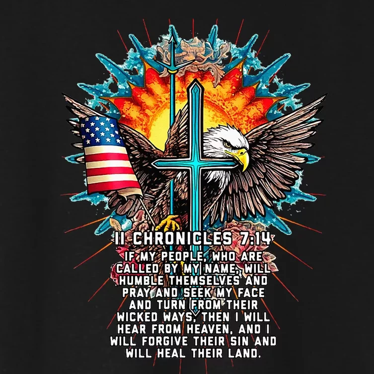 Jesus 2 Chronicles 714 Cross USA Flag American Bible Verse Women's Crop Top Tee