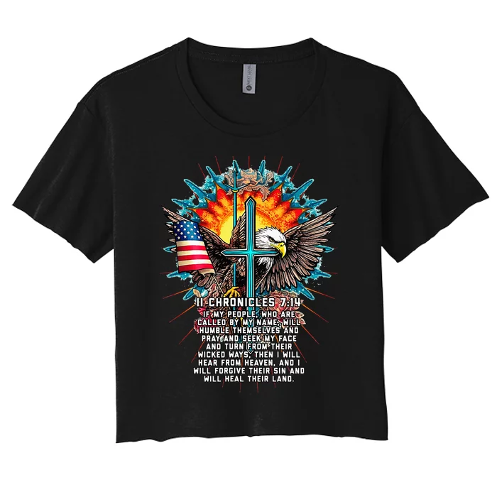 Jesus 2 Chronicles 714 Cross USA Flag American Bible Verse Women's Crop Top Tee