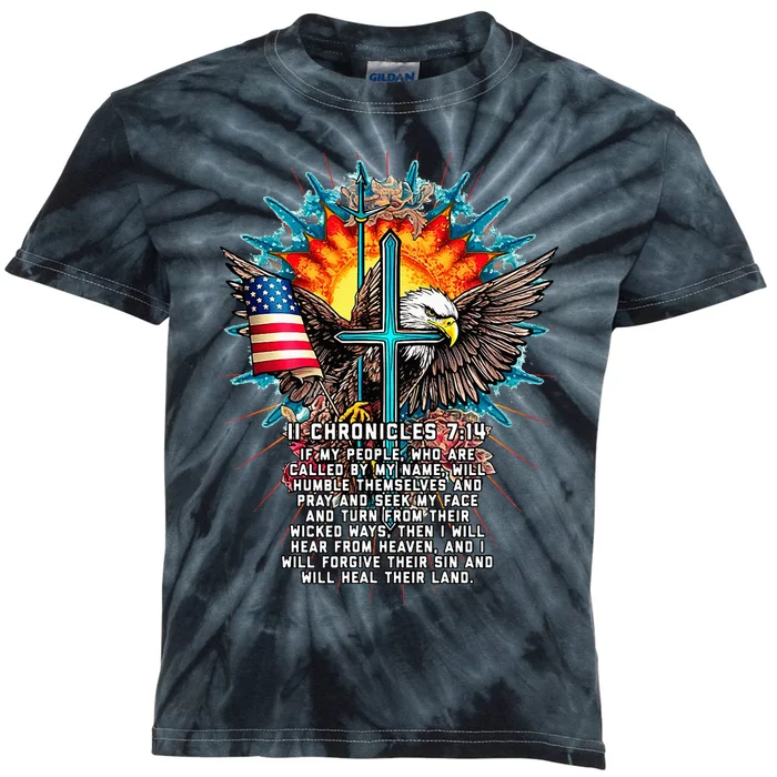 Jesus 2 Chronicles 714 Cross USA Flag American Bible Verse Kids Tie-Dye T-Shirt