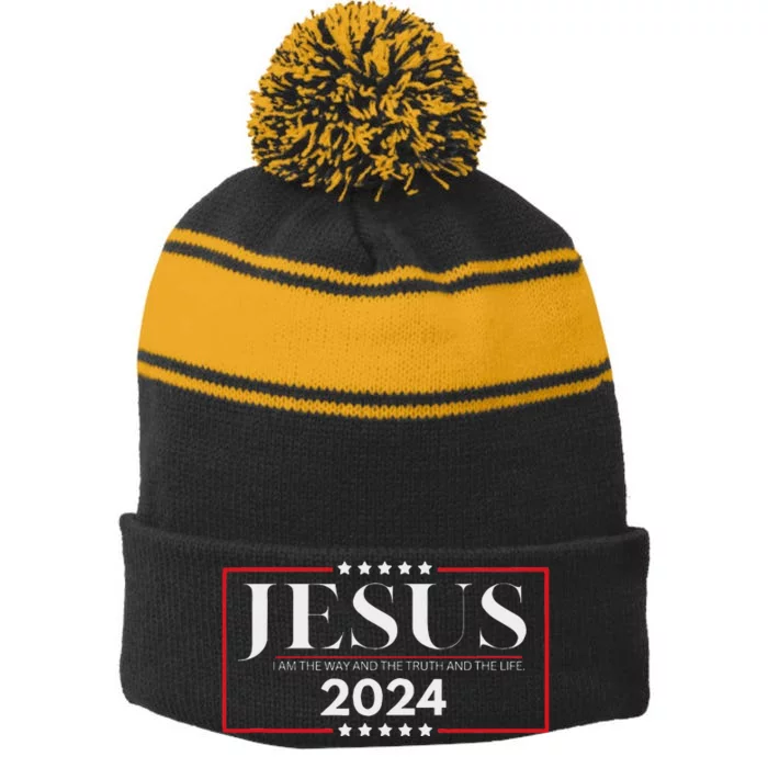 Jesus 2024 The Way Truth Life Stripe Pom Pom Beanie