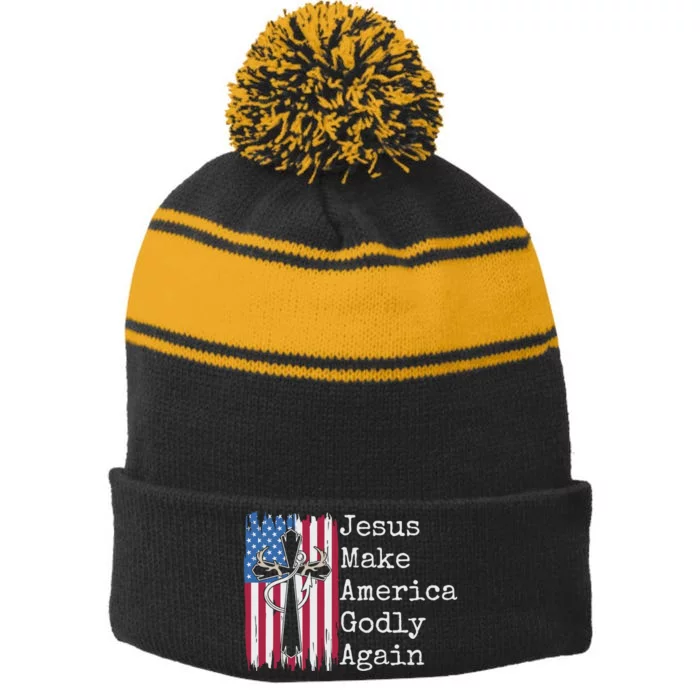 Jesus 2024 Vote Make America Godly Again Pray Again Stripe Pom Pom Beanie