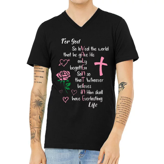 John 316 For God So Loved The World Valentines Christian V-Neck T-Shirt