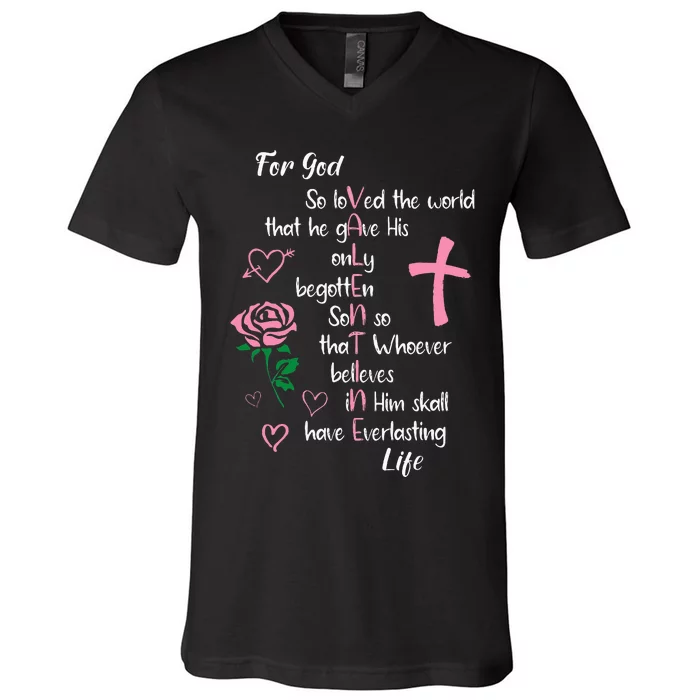 John 316 For God So Loved The World Valentines Christian V-Neck T-Shirt