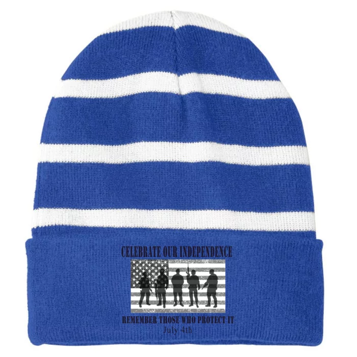 July 4th Celebrate Independence Patriotic Design Heroes Great Gift Striped Beanie with Solid Band