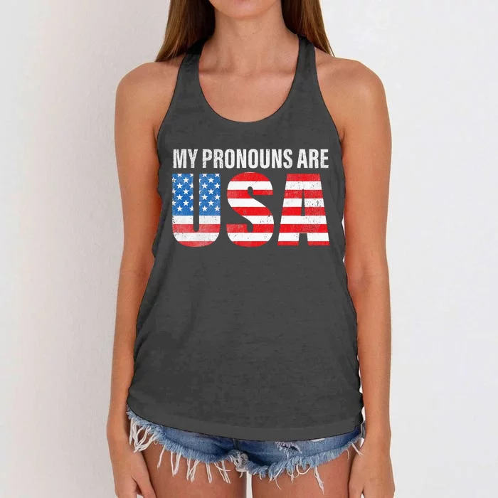 July 4th Funny My Pronouns Are USA 4th Of Jully US Flag Women's Knotted Racerback Tank