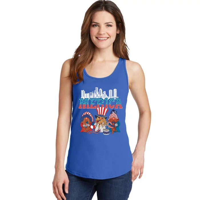 July 4th Gnomes Independence Boston Skyline Us Flag Merica Gift Ladies Essential Tank